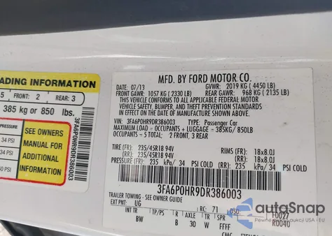 2013 Ford Fusion Se from USA, damaged, VIN 3FA6P0HR9DR386003